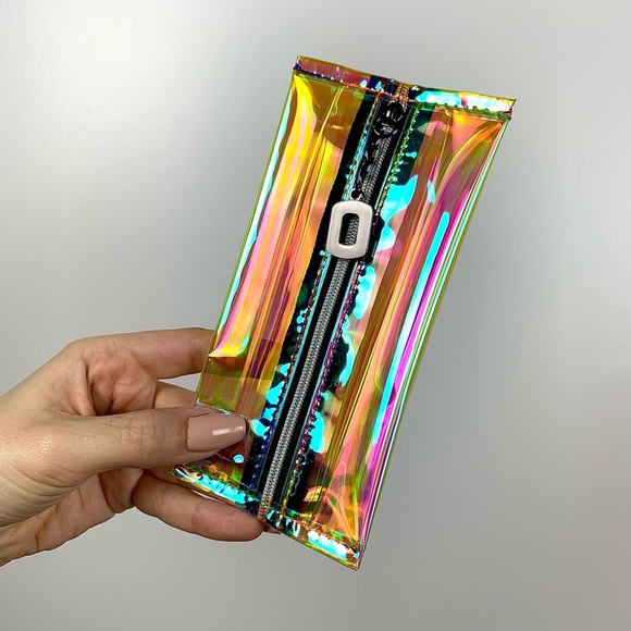 Womens NEW Pink/Orange/Blue Holographic Mini Cosmetic Bag/Coin Purse Clutch NWT - Picture 1 of 10